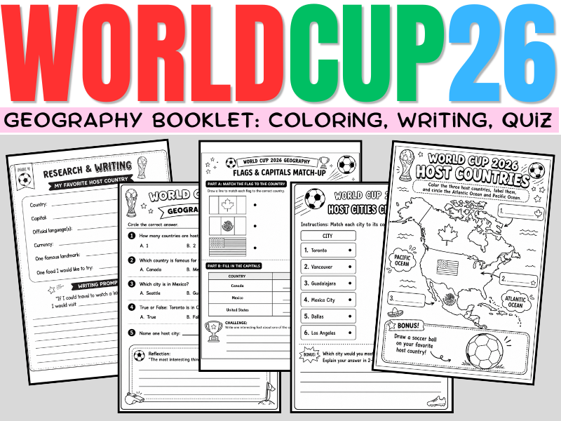 World Cup 2026 Geography Activities Booklet | Maps, Capitals, Host Cities, Research & Quiz