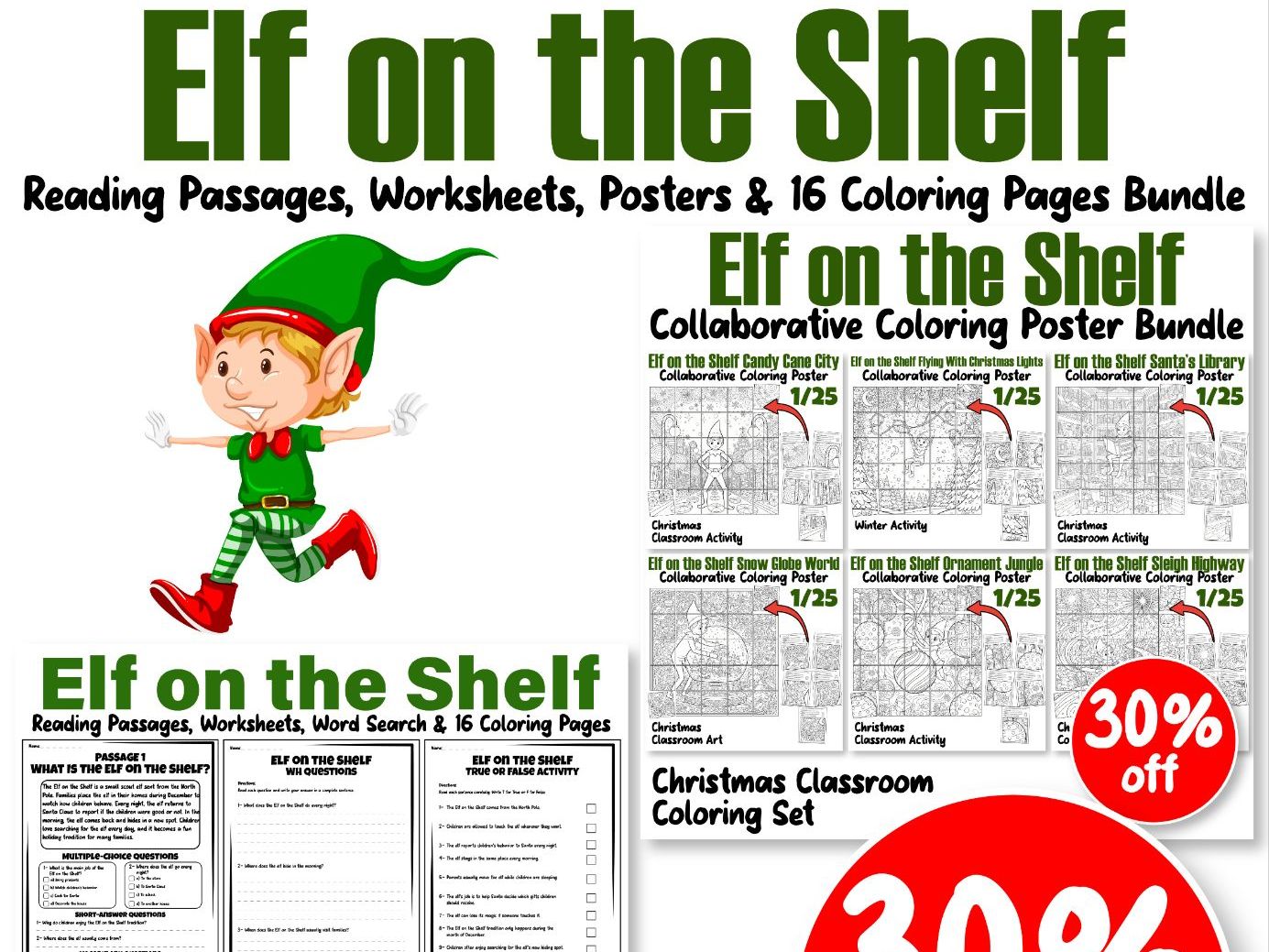 Elf on the Shelf Reading Passages, Worksheets, Posters & 16 Coloring Pages Bundle