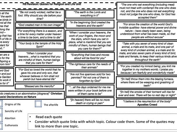 AQA RS New Spec 9-1 Religion and life quotes sheet