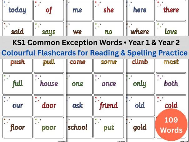 KS1 Common Exception Words Flashcards  – Year 1 & Year 2 | Reading & Spelling | Free 109 Cards