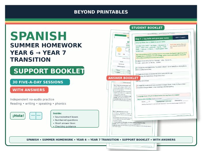 Spanish Summer Homework Booklet: Year 6 to Year 7 Transition Support with Answers