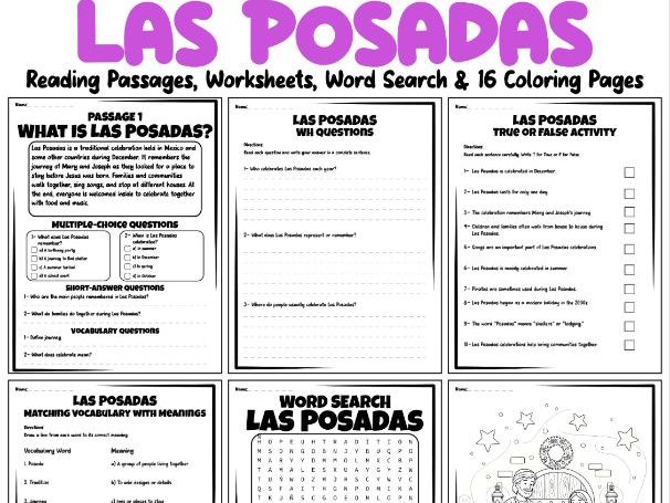 Las Posadas Reading Passages, Worksheets, Word Search & 16 Coloring Pages
