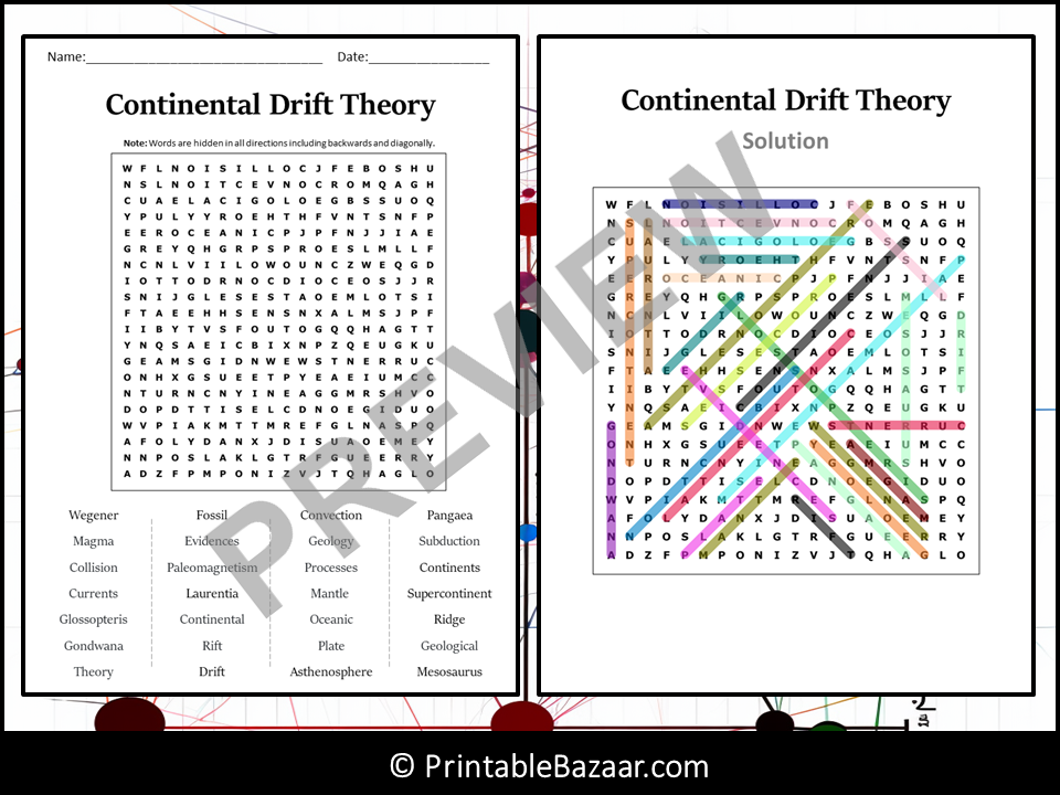 Continental Drift Theory Word Search Puzzle Worksheet Activity