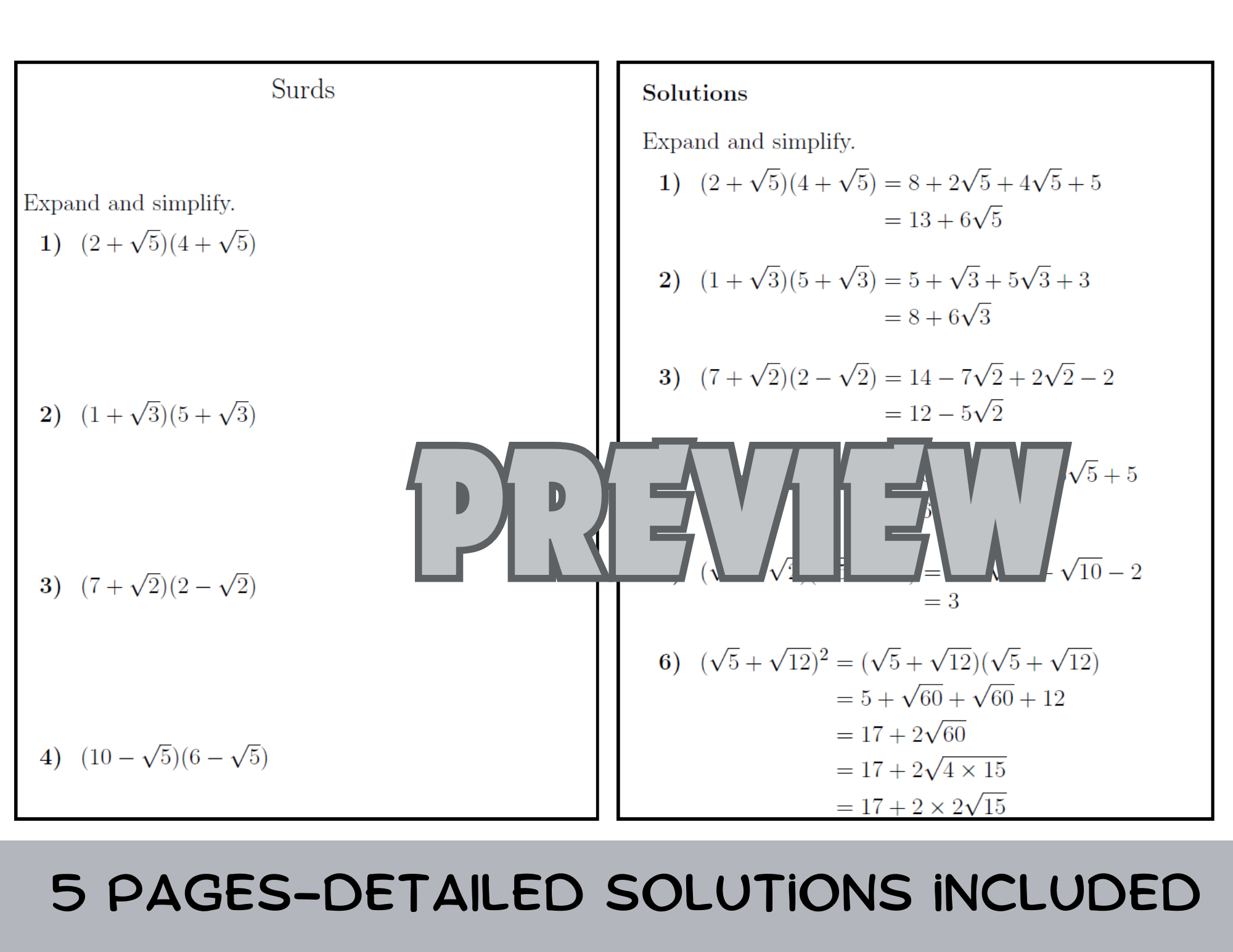 Simplifying Surds Worksheet.pdf Surds worksheet no 5 (with solutions) | Teaching Resources