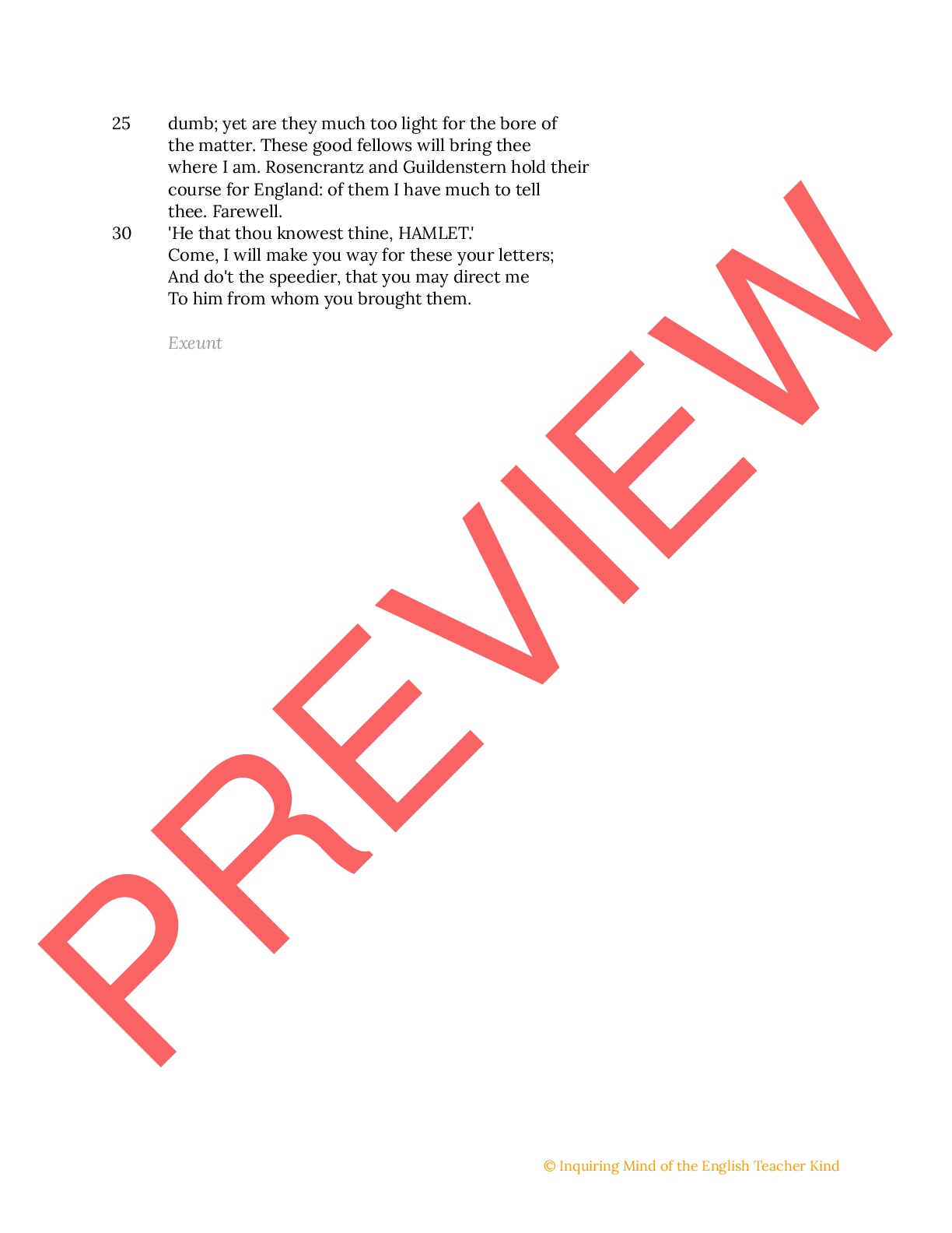 Hamlet Close Reading Worksheet - Act 4.6 | Teaching Resources