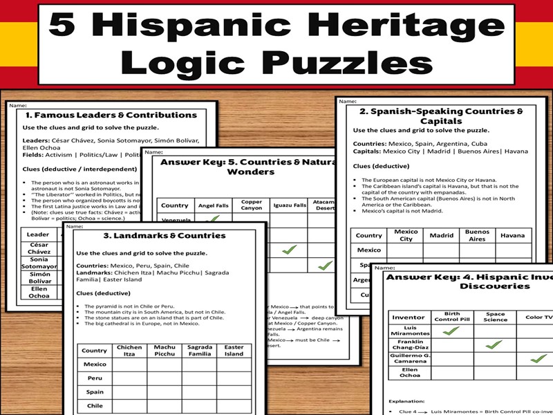 Hispanic Heritage Logic Grid Puzzles | 5 Puzzles + Answers | Grades 6-8