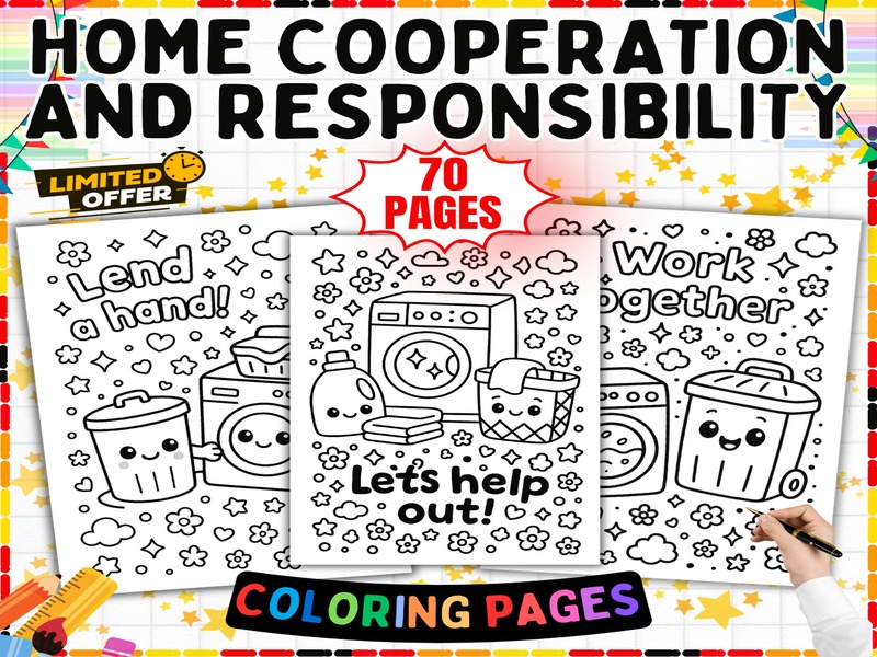 Home Responsibility Coloring Pages | 70 Page Coloring Sheets | Chores and Cooperation