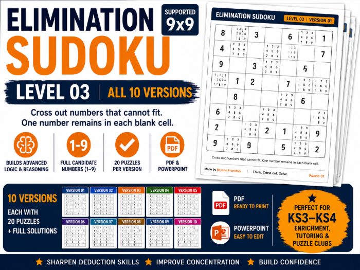 Elimination Sudoku Level 3 Bundle | 10 Versions | 200 Supported 6×6 Logic Puzzles