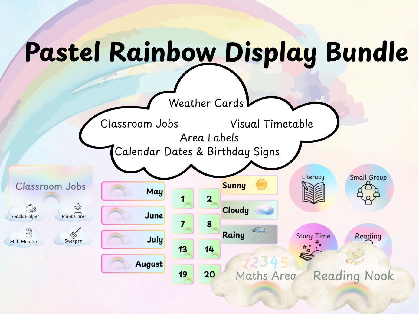 🌈 Pastel Rainbow Classroom Decor Bundle | EYFS & KS1
