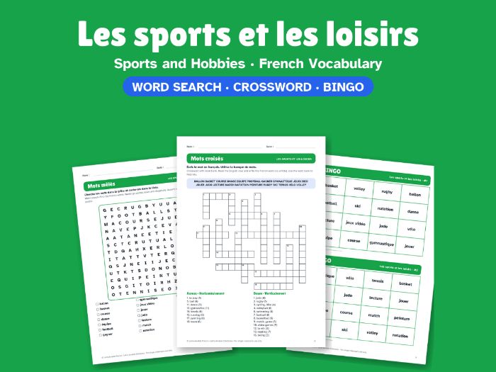 Sports and Hobbies in French: Word Search, Crossword & Bingo