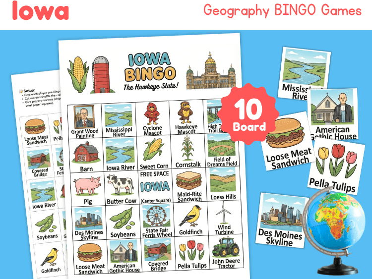 Iowa Geography Bingo Game | 10 Printable State Study Boards | Teaching ...