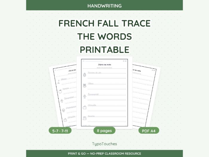 French Fall Trace the Words Printable | 8 pp