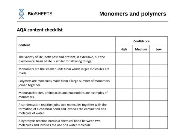 AQA A-Level Biology: Entire topic 1 – BioSHEETS Complete Study & Practice Packs