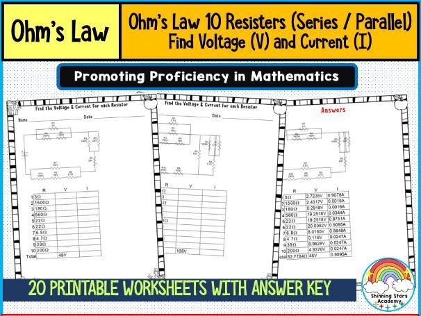 Ohm’s Law – 10 Resistors (Series / Parallel) (Find Voltage (V) and Current (I)) Worksheets | Advance