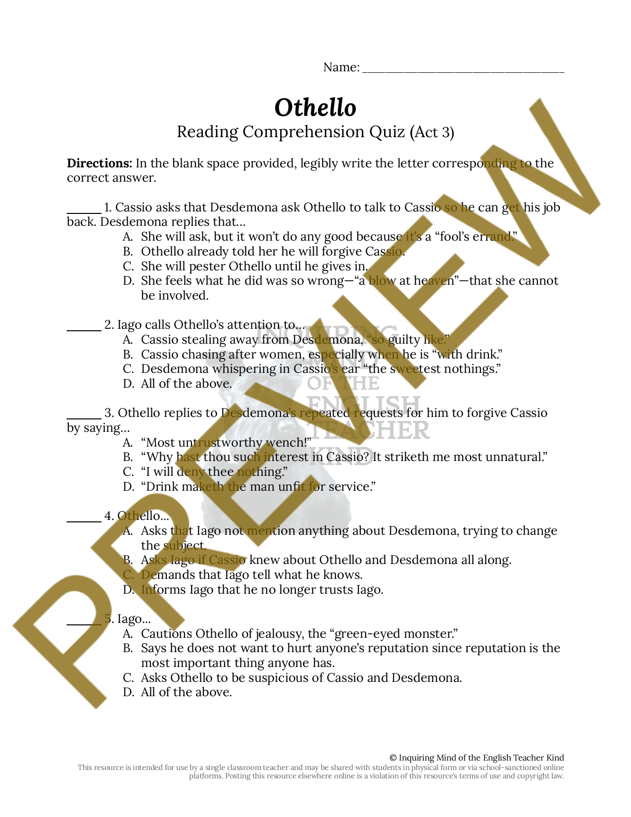 Othello Act 3 Quiz and Answer Key | Teaching Resources