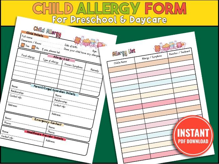 Printable Child Allergy Form & Food Allergy List for Daycare, Childcare & Preschool