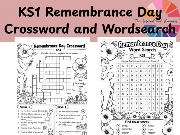 KS1 Remembrance Day Activities | Poppy Day Wordsearch & Crossword Worksheets