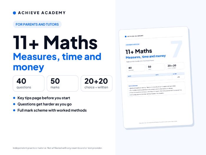 11+ Maths Topic Booklet: Measures, time and money – Year 5/6 Practice with Mark Scheme