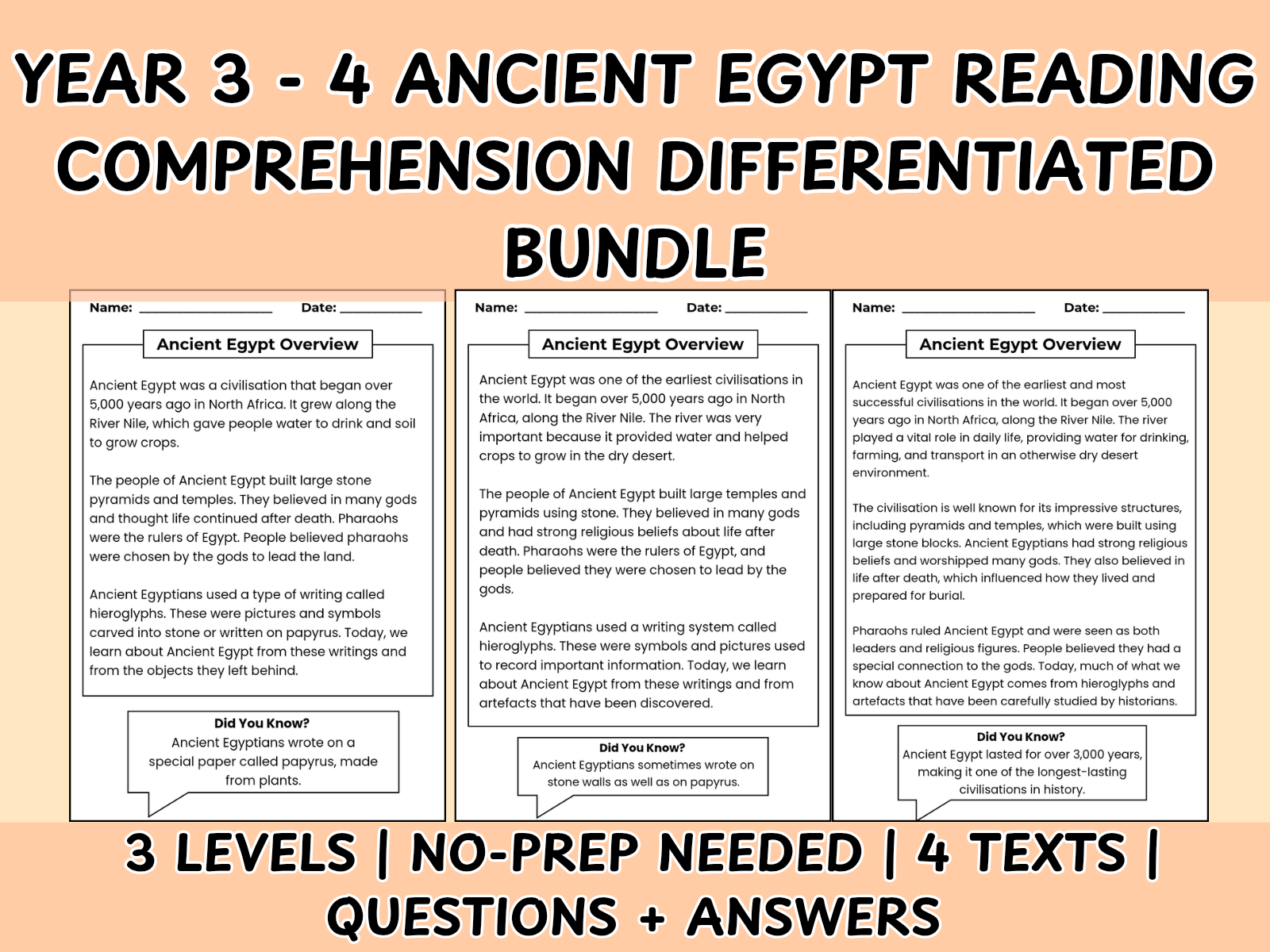 Year 3/4 Ancient Egypt KS2 Differentiated Reading Comprehension Bundle