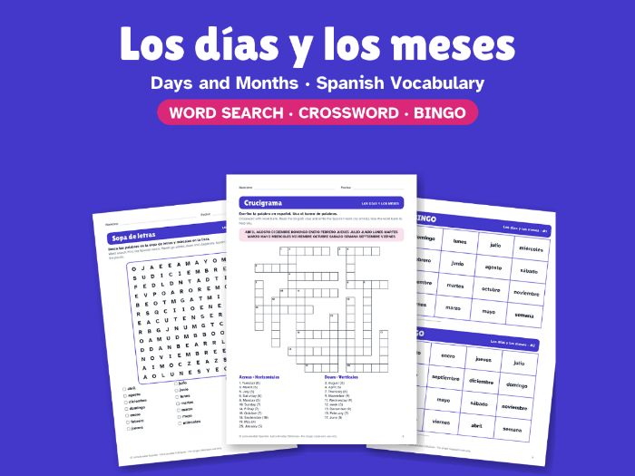 Days and Months in Spanish: Word Search, Crossword & Bingo