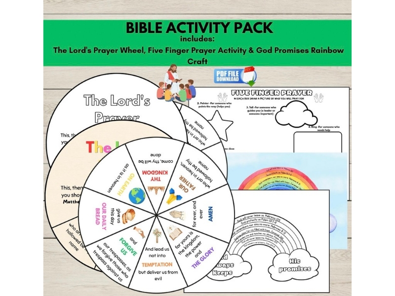 Bible Activity Pack | The Lord’s Prayer Wheel | Five Finger Prayer Craft | God’s Promises
