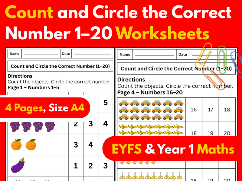 Count and Circle the Correct Number 1–20 Worksheets | EYFS & Year 1 Maths