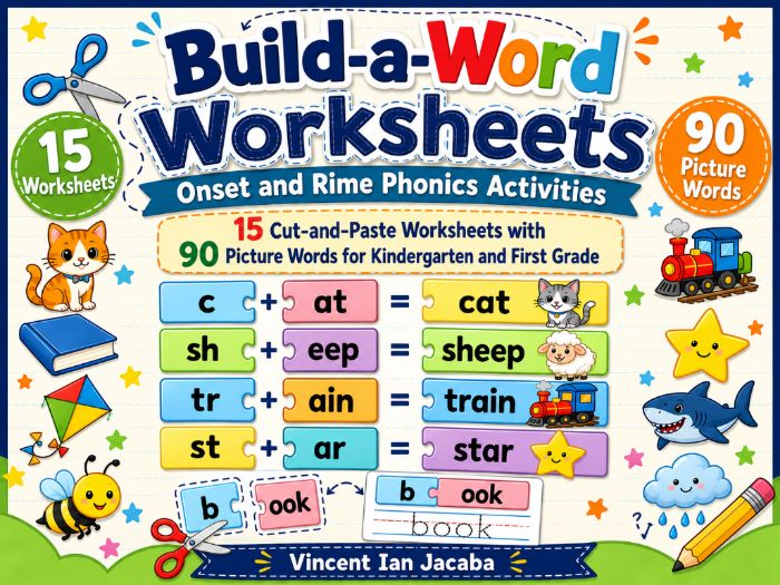 Onset and Rime Phonics Worksheets | Build-a-Word Cut-and-Paste Activities | Kindergarten & Grade 1