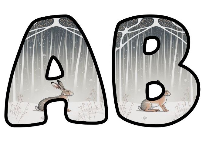 Rabbit Hare White Winter Simple Themed Lettering Set | Classroom Display | Upper & Lowercase, 0-9