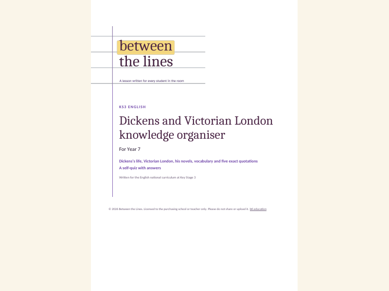 Dickens and Victorian London knowledge organiser for Year 7
