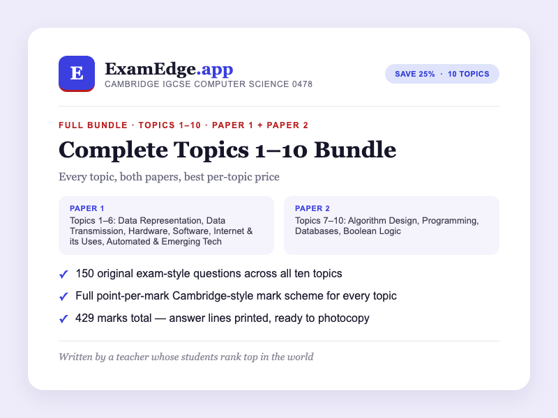 Cambridge IGCSE Computer Science 0478 Full Topics Bundle (Topics 1–10, Paper 1 + Paper 2) | 150 Exam-Style Questions + Full Mark Schemes