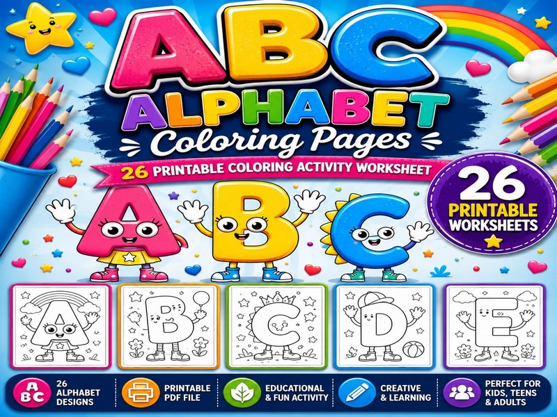 ABC Alphabet Coloring Pages, 26 Printable Coloring Activity Worksheet