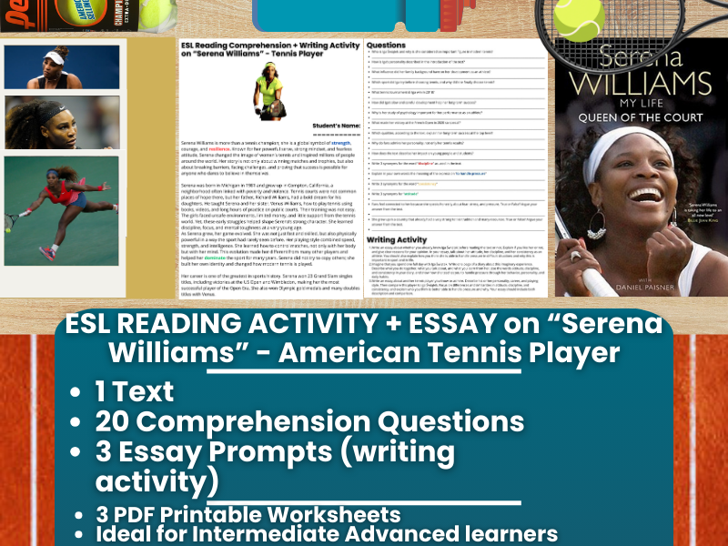ESL Reading Comprehension + Writing Activity - Serena Williams - Tennis Player