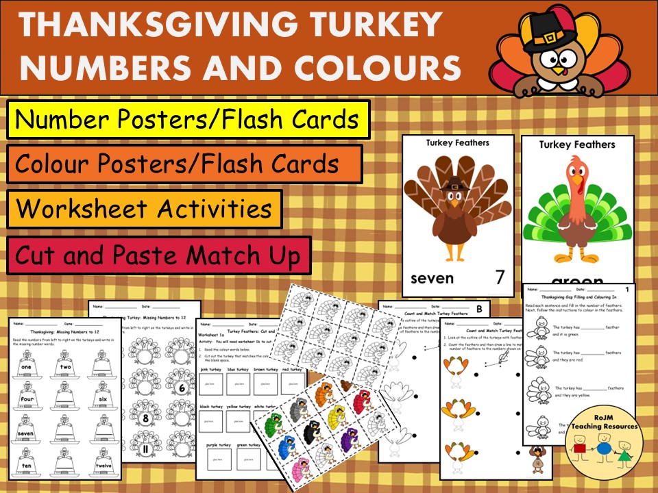 Thanksgiving Turkeys Numbers Counting Colours Flash Cards Worksheets