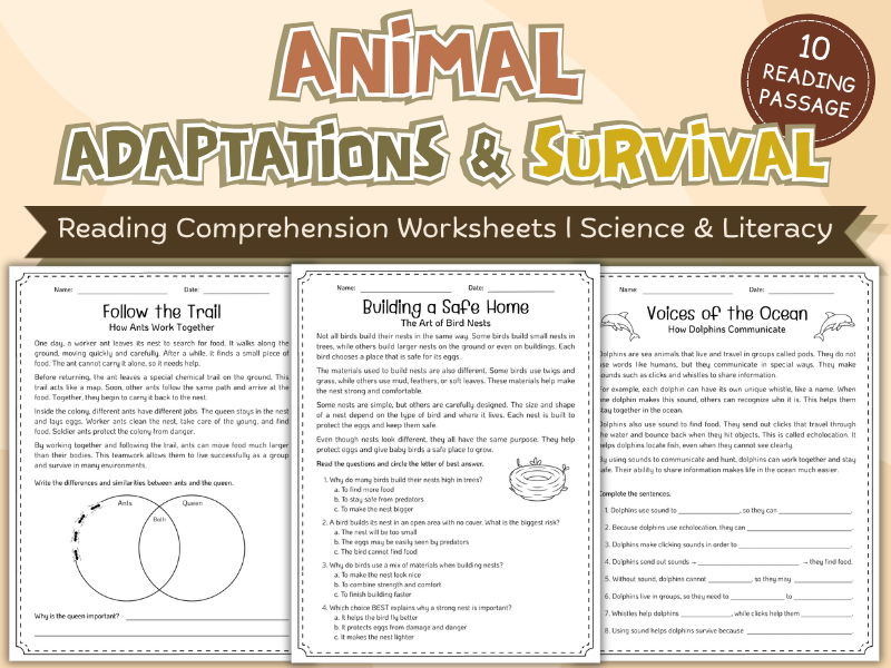 Animal Adaptations & Survival Reading Comprehension Worksheets | Science & Literacy