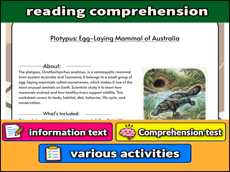 Platypus: Egg-Laying Mammal of Australia  & Comprehension Test