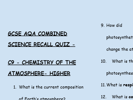 GCSE Chemistry C9 Chemistry of the Atmosphere – 30 Higher Retrieval Questions | AQA | Low-Stakes