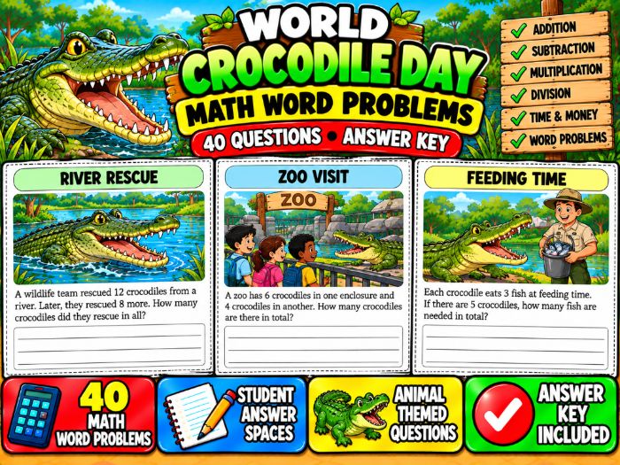 World Crocodile Day Math Word Problems | 40 Questions & Answer Key
