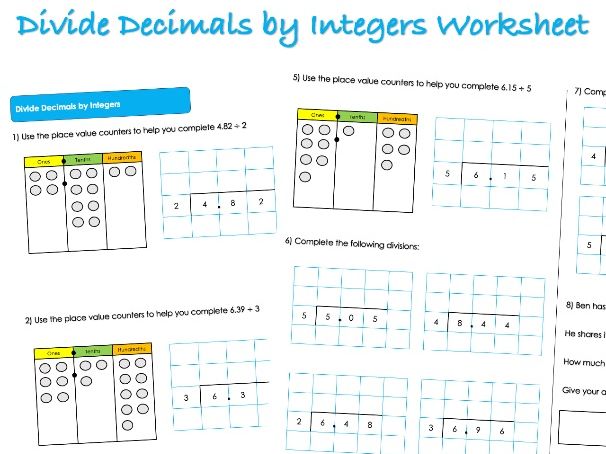 Decimals Worksheet - Divide Decimals by Integers