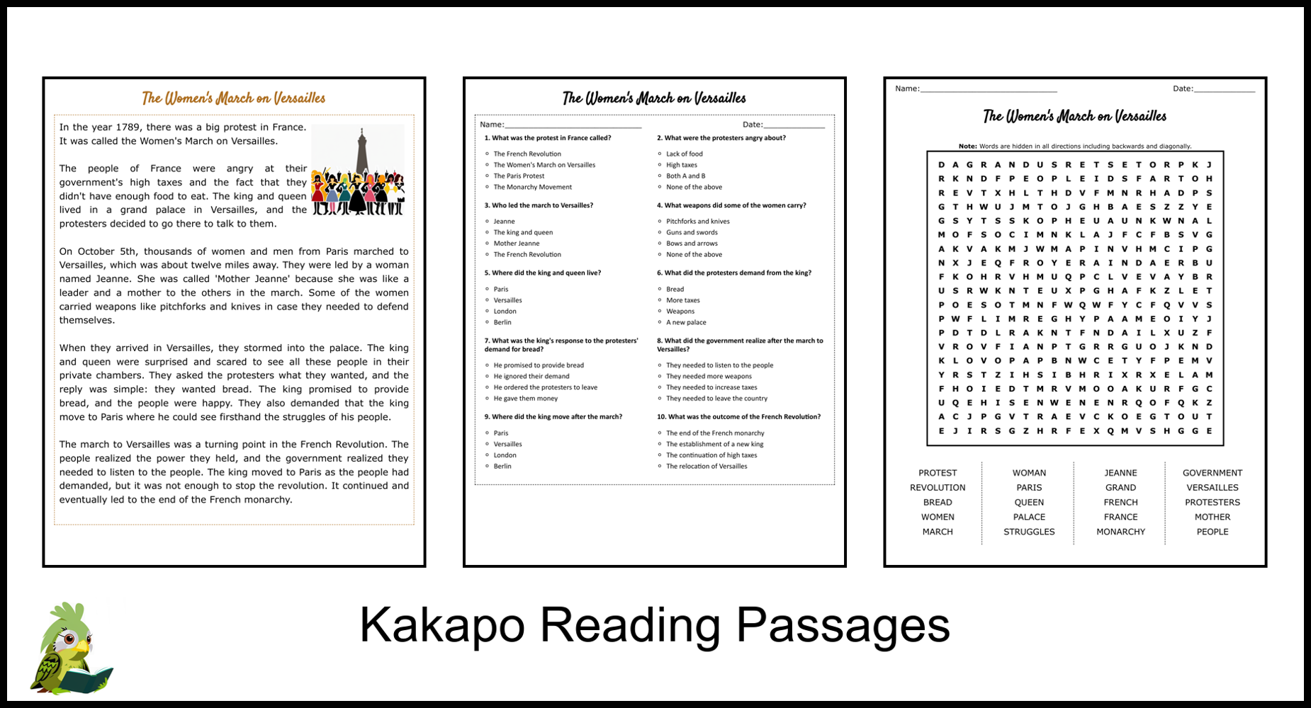The Women's March on Versailles Reading Comprehension and Word Search