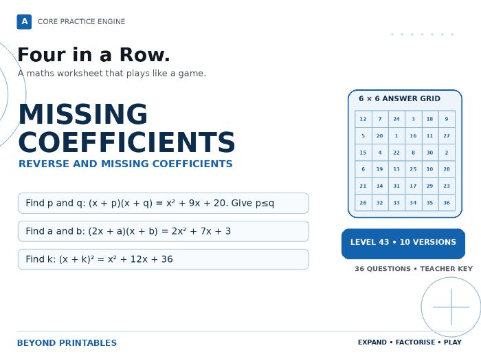 Missing-Coefficient Algebra Four in a Row : Level 43 | 10 Maths Games