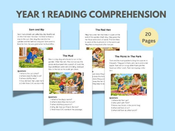 Year 1 Reading Comprehension, Kindergarten, Literacy Bundle, English Worksheets, Homeschool Learning