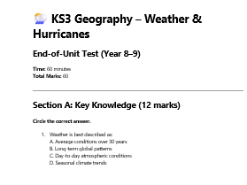 KS3 Weather Unit: Weather test, marks scheme and knowledge organiser