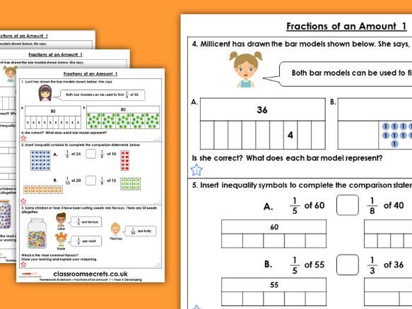 Fractions of amounts year 3 worksheet image