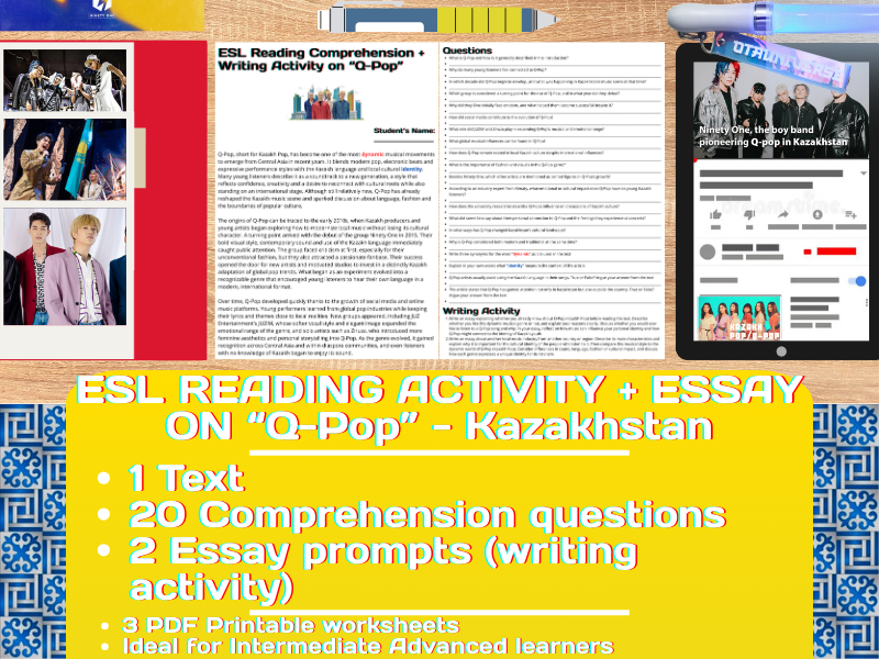 ESL Reading Comprehension + Writing Activity Worksheets on Q-Pop - Kazakhstan