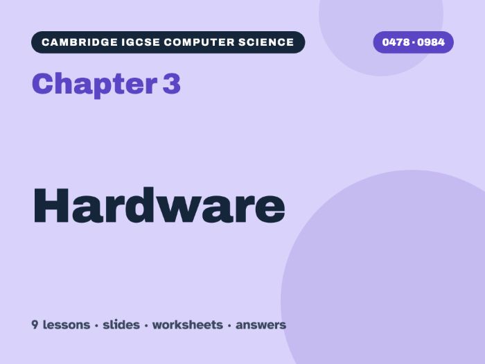Cambridge IGCSE Computer Science (0478) Chapter 3: Hardware – 9 lessons + worksheets