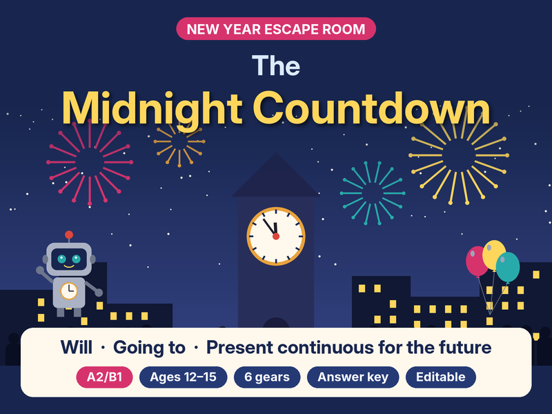 New Year Escape Room – Future Forms: Will, Going to & Present Continuous – A2/B1 ESL/EFL