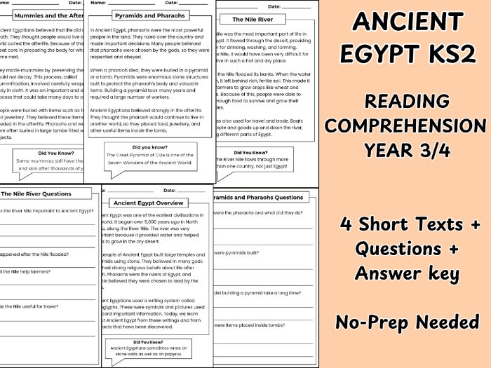 Year 3/4 Ancient Egypt Reading Comprehension worksheets | 4 Texts + Questions + Answer key