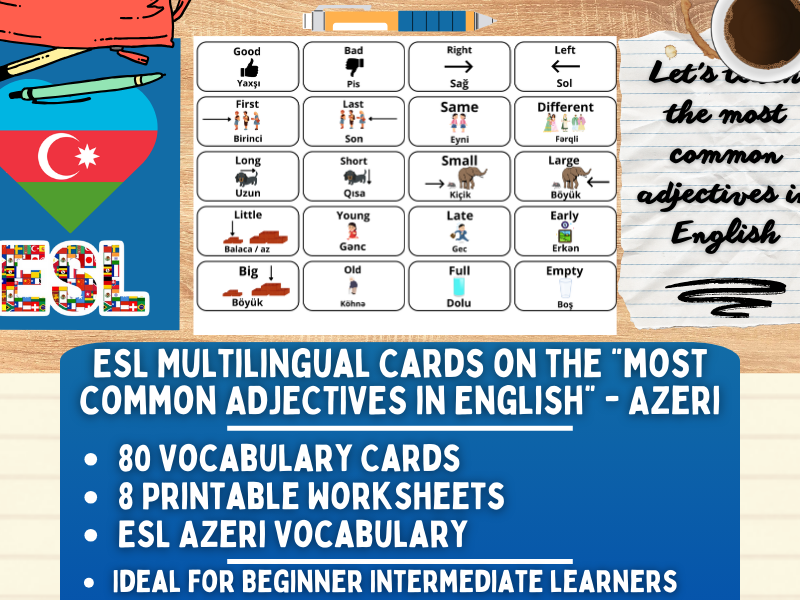 ESL Multilingual Vocabulary Flashcards - Most Common Adjectives - Azerbaijani