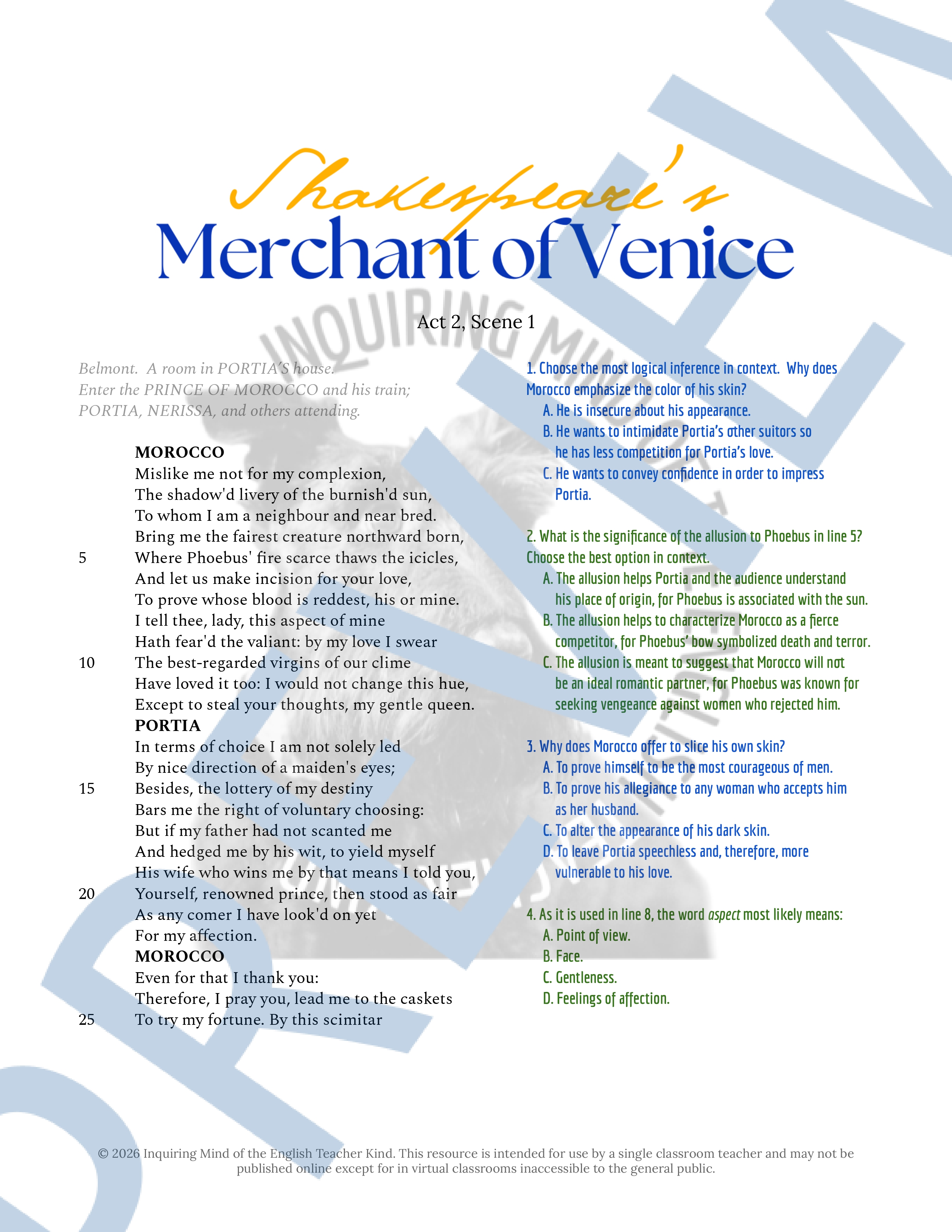 The Merchant of Venice Act 2 Scene 1 Close Reading Analysis Worksheet ...