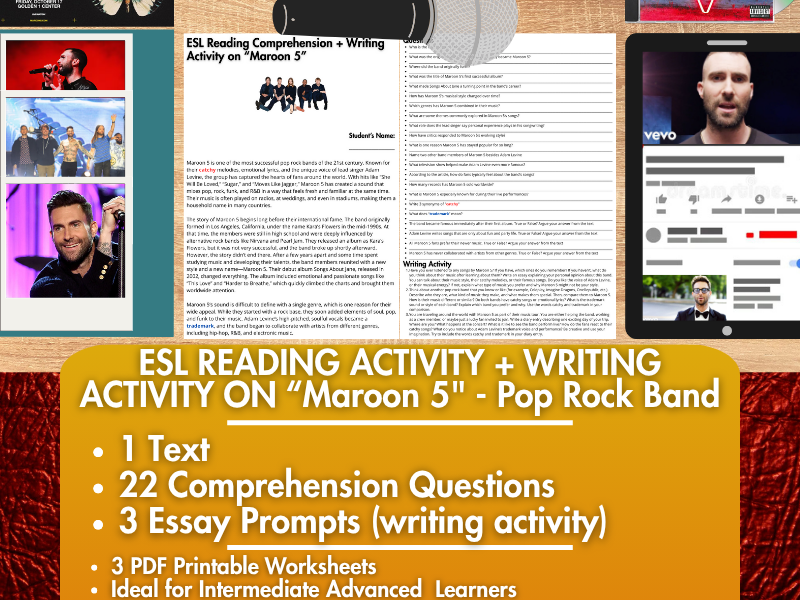 ESL Reading Comprehension + Writing Activity - Maroon 5 - Pop Rock Band